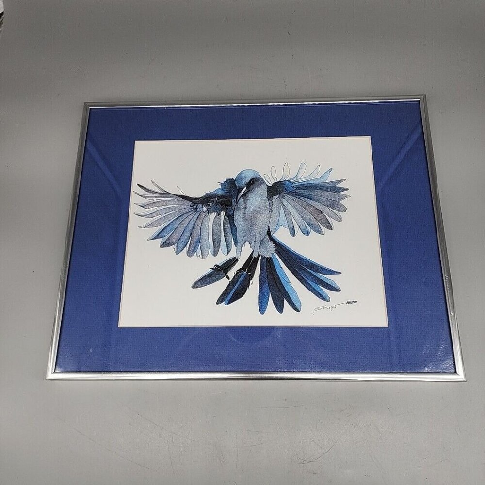 Native Blue Bird Professionally Framed Painting Signed S Towman Art 11.5x14.5